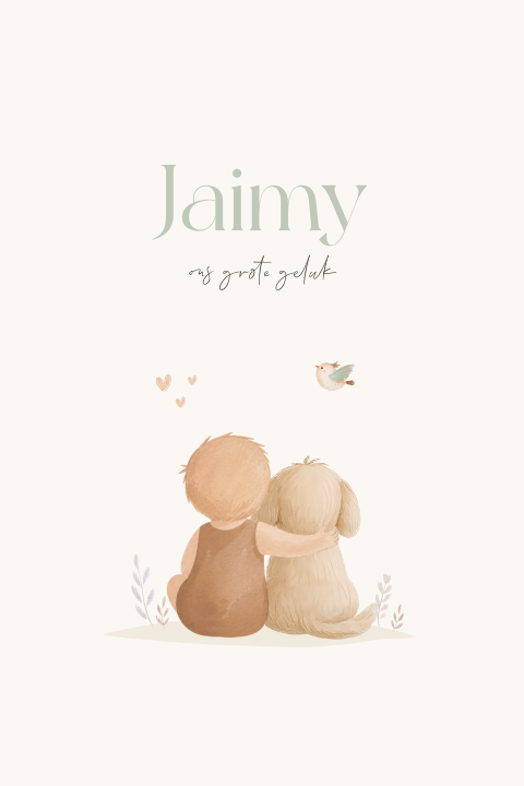 Unisex geboortekaartje met baby en hondje