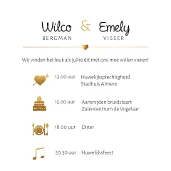 Trouwkaart met gouden confetti en symbolen