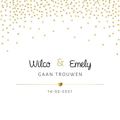 Trouwkaart met gouden confetti en symbolen