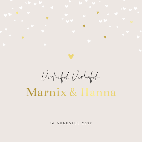 Trendy verlovingskaart met goudfolie en vallende hartjes