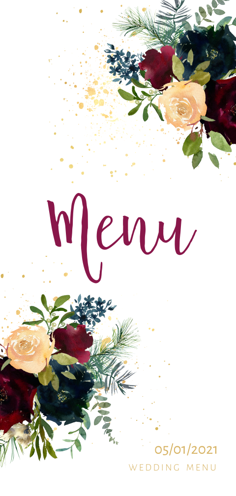 Menukaart met romantische bloemen en gouden spetters