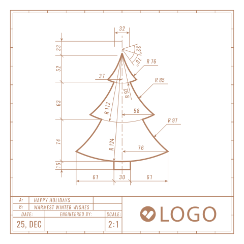 Zakelijke kerstkaart met bouwtekening van kerstboom en logo