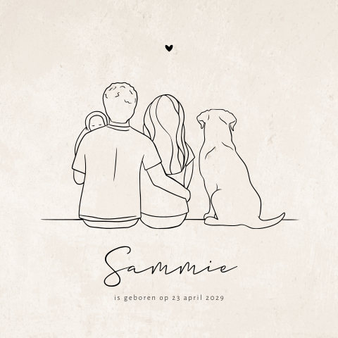 Unisex geboortekaartje lijntekening met gezin en hond