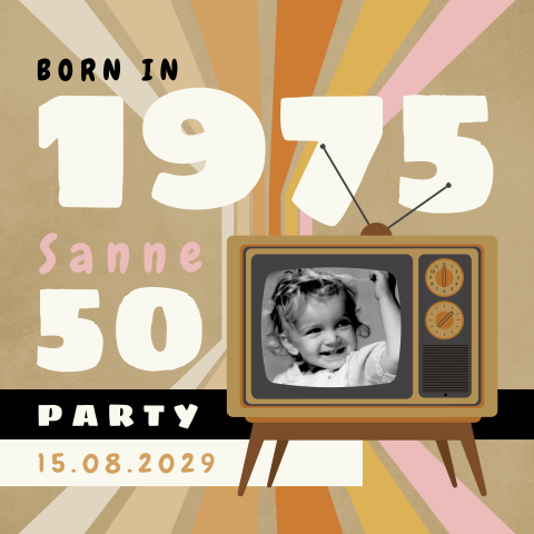 Retro verjaardag uitnodiging Sarah met televisie en foto