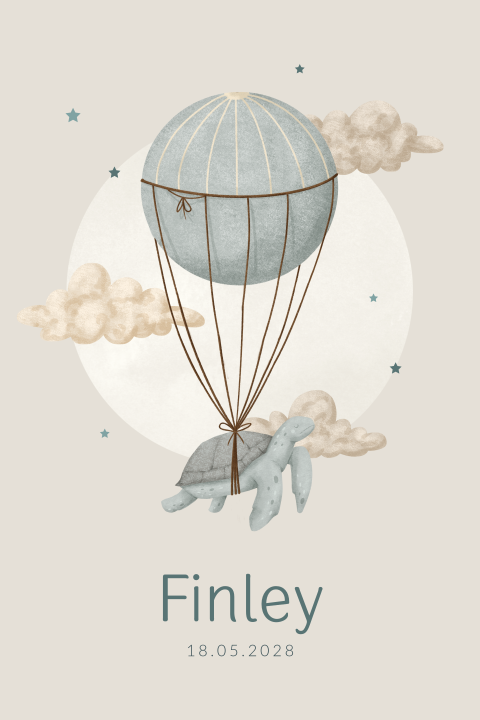 Jongens geboortekaartje met schildpad, luchtballon, wolken en sterren
