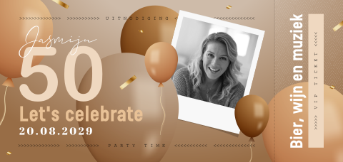 Ticket uitnodiging Sarah 50 jaar feestelijk met foto en ballonnen