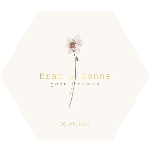 Hexagon vorm trouwkaart met goudfolie en bloem