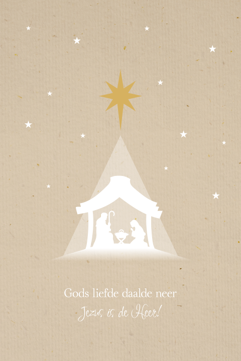 Christelijke kerstkaart in papierlook met kerststal met kribbe en kerststerren
