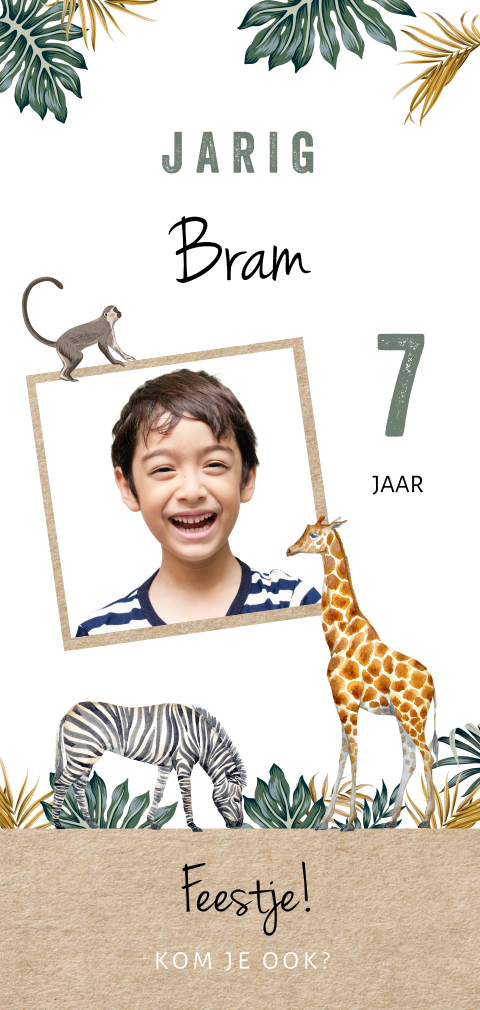 Jungle uitnodiging kinderfeestje met dieren en foto