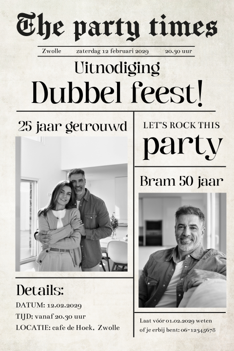 Dubbel feest krant uitnodiging met foto