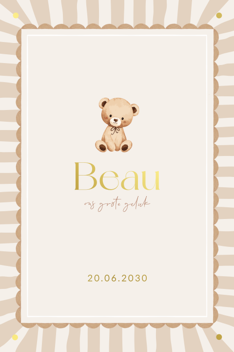Boho unisex geboortekaartje met strepen en teddybeer