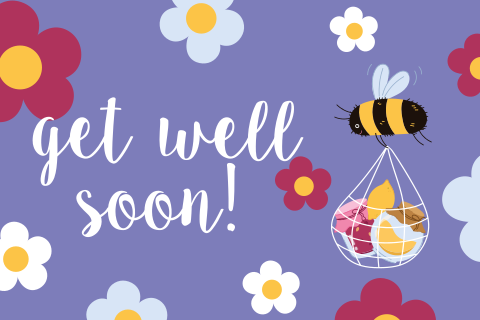 Beterschap wenskaart met bloemen en een bijtje