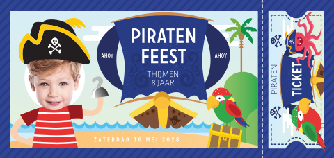 Piratenfeestje uitnodiging kind met piratenschip en eigen foto