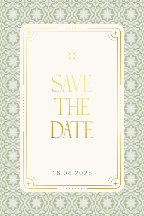 Save the date boho trouwkaart met mediterraans patroon en foliedruk