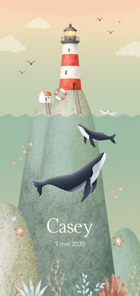 Unisex geboortekaartje met onderwaterwereld met walvis en vuurtoren