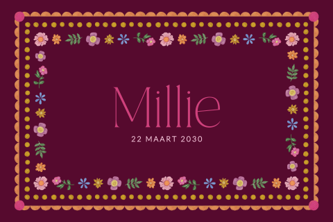 Bloemen boho geboortekaartje voor een meisje met schattig kader