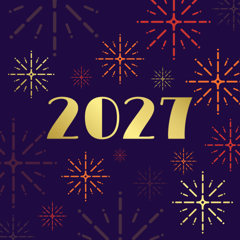 Feestelijke zakelijke kerstkaart met vuurwerk, jaartal 2027 en folie