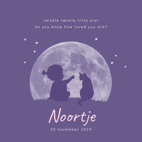 Meisje geboortekaartje silhouet nacht met kat, maan en sterren