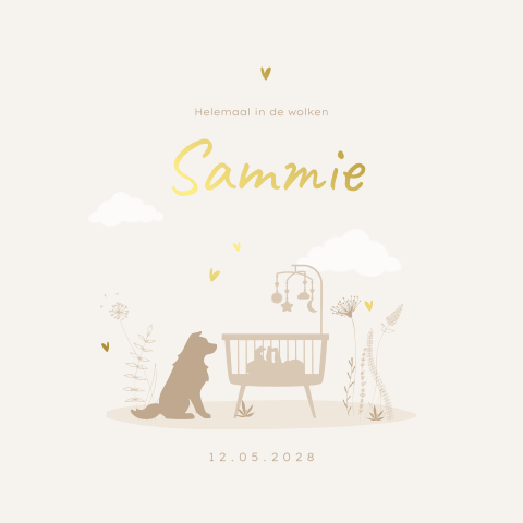 Unisex geboortekaartje silhouet met wiegje, hond en wolken
