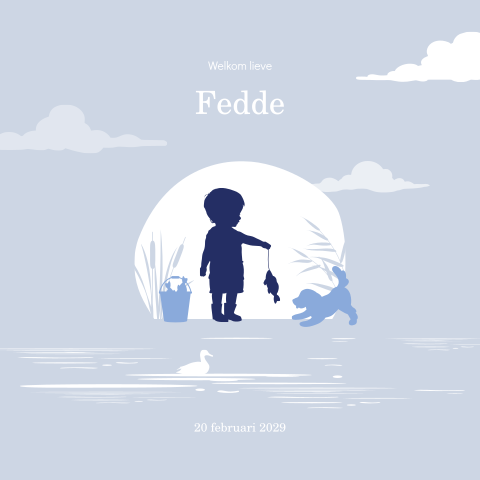 Geboortekaartje met jongen aan het vissen met zijn hond