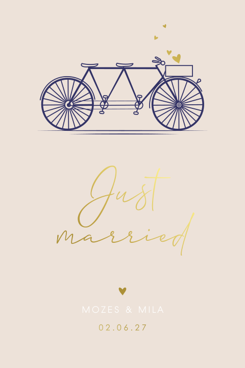 Just married kaart tandemfiets en goudfolie