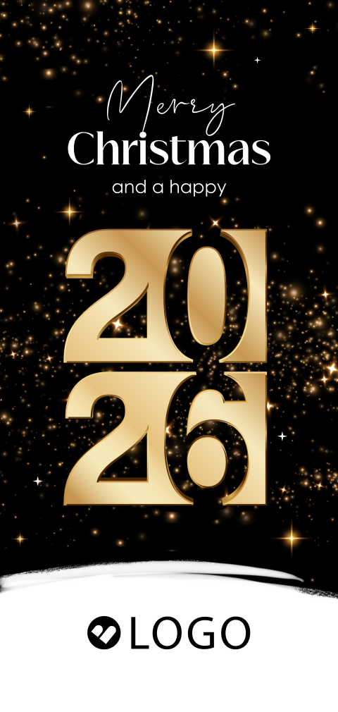 Zakelijke kerstkaart met goudlook jaartal, logo en sparkles