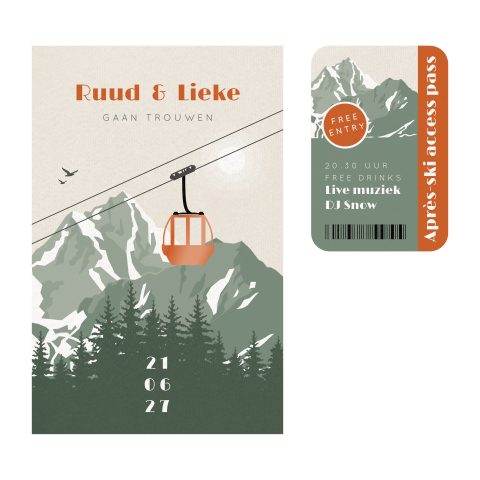 Label ski trouwkaart met skilift, skipas en hoogglans spot-uv lak