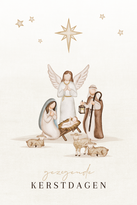 Christelijke kerstkaart met Jozef, Maria, baby Jezus en engel Gabriël
