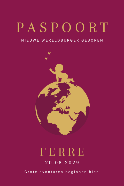 Paspoort geboortekaartje unisex met een wereldbol en silhouet