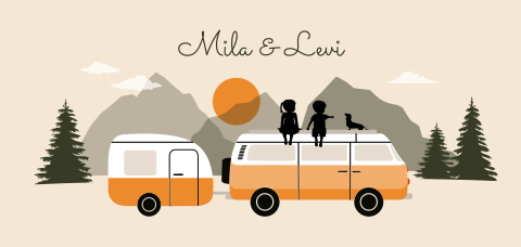 Avontuurlijk retro tweeling geboortekaartje met caravan busje