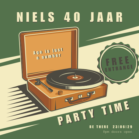 Retro uitnodiging 40e verjaardag met vintage platenspeler