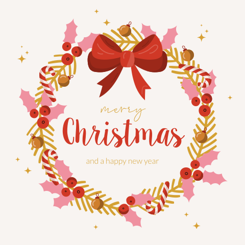 Kerstkaart met mooie kerstkrans met hulst, kerstballen en zuurstok