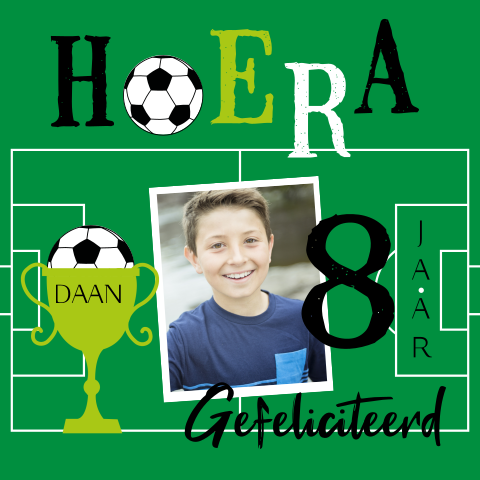 Voetbal verjaardagskaart met foto en wisselbeker