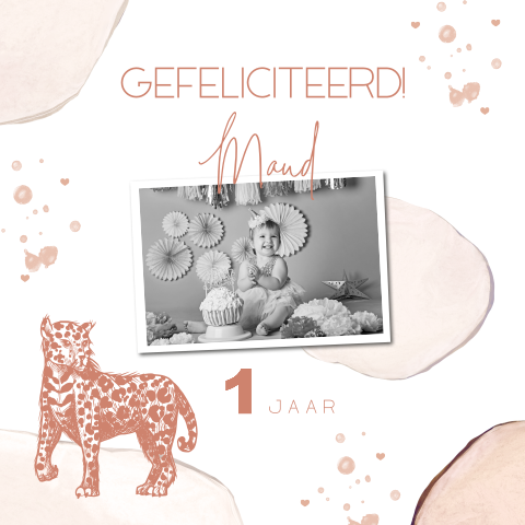 Verjaardagskaart meisje met foto, luipaard en aquarel bollen