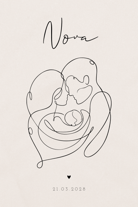 Unisex geboortekaartje met lijntekening van ouders en baby