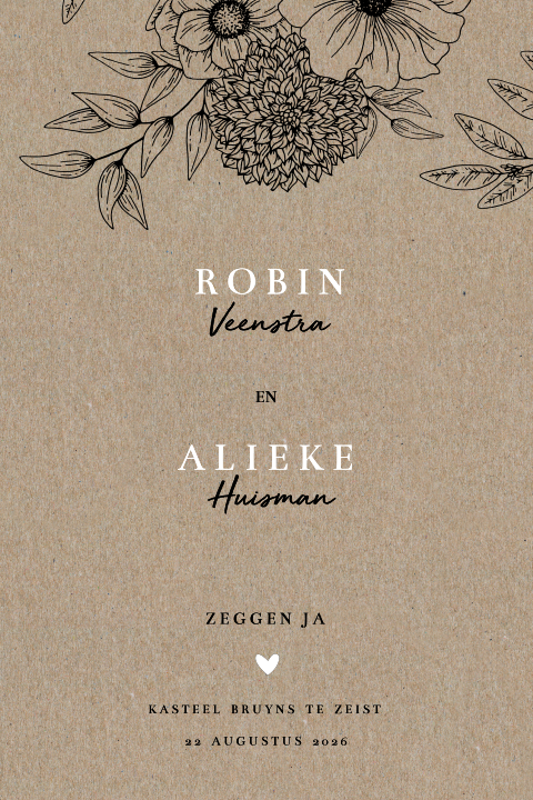Trouwkaart op écht kraft met getekende bloemen