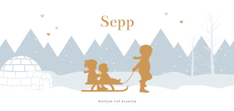 Winter silhouet kaartje 3 kindjes met slee en iglo