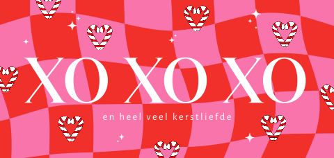 Hippe en kleurrijke xo xo xo kerstkaart met blokpatroon en zuurstokken