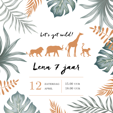 Jungle uitnodiging kinderfeestje met o.a. giraffe en olifant