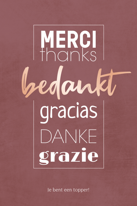Zakelijke roséfolie kerstkaart met bedankt in verschillende talen