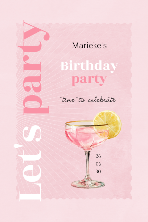 Verjaardag uitnodiging met vrolijke kleuren en cocktailglas
