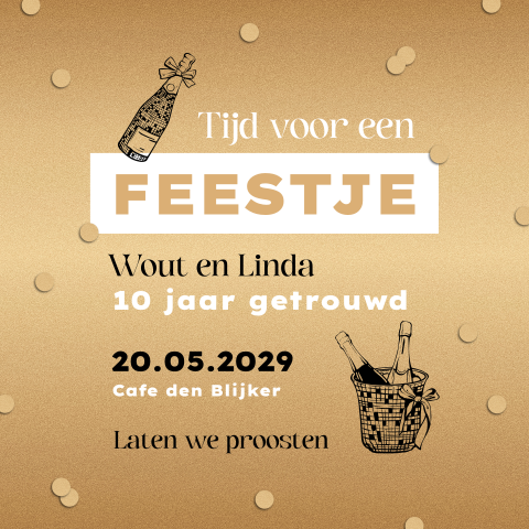 Huwelijksjubileum 10 jaar getrouwd uitnodiging met goudlook confetti