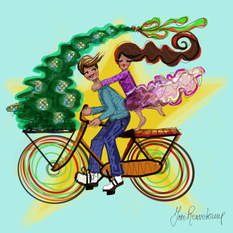 Goede doel Ronald McDonald Huis kerstkaart met kerstboom en fiets