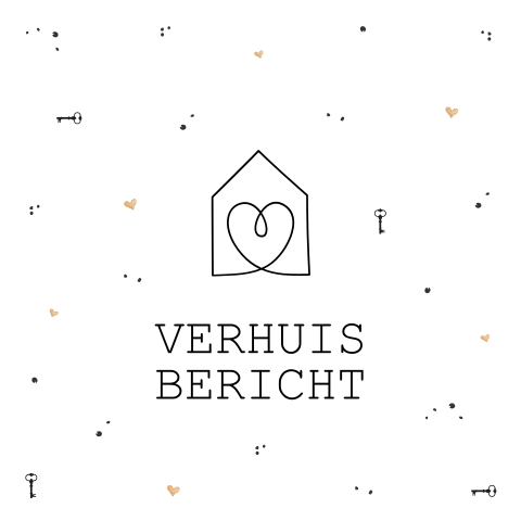 Verhuiskaart met huisje, kleine sleutels en hartjes