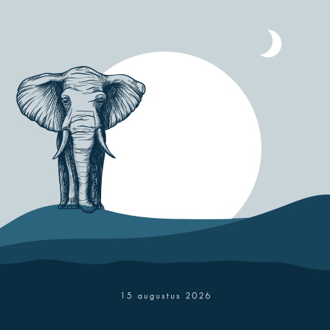Jongens geboortekaartje met olifant en uitsnede van ondergaande zon