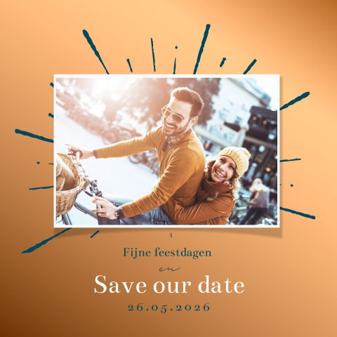 Moderne Save the Date kerstkaart met koperkleur en foto