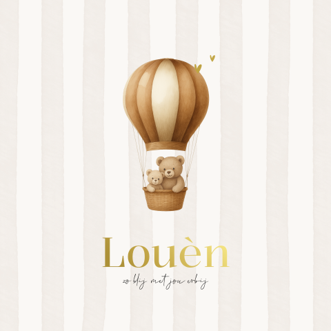 Schattig unisex geboortekaartje met beertjes, luchtballon en folie
