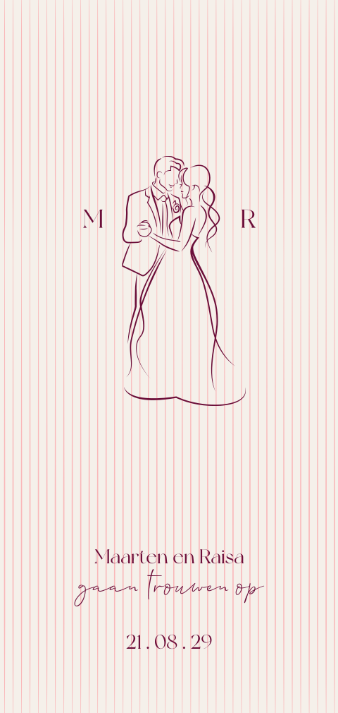 Trouwkaart met strepen, initialen en dansend bruidspaar
