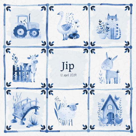 Unisex oud Hollands geboortekaartje met Delfts blauwe boerderijdieren