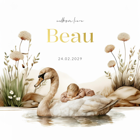 Unisex geboortekaartje met slapend baby´tje op een zwaan en bloemen